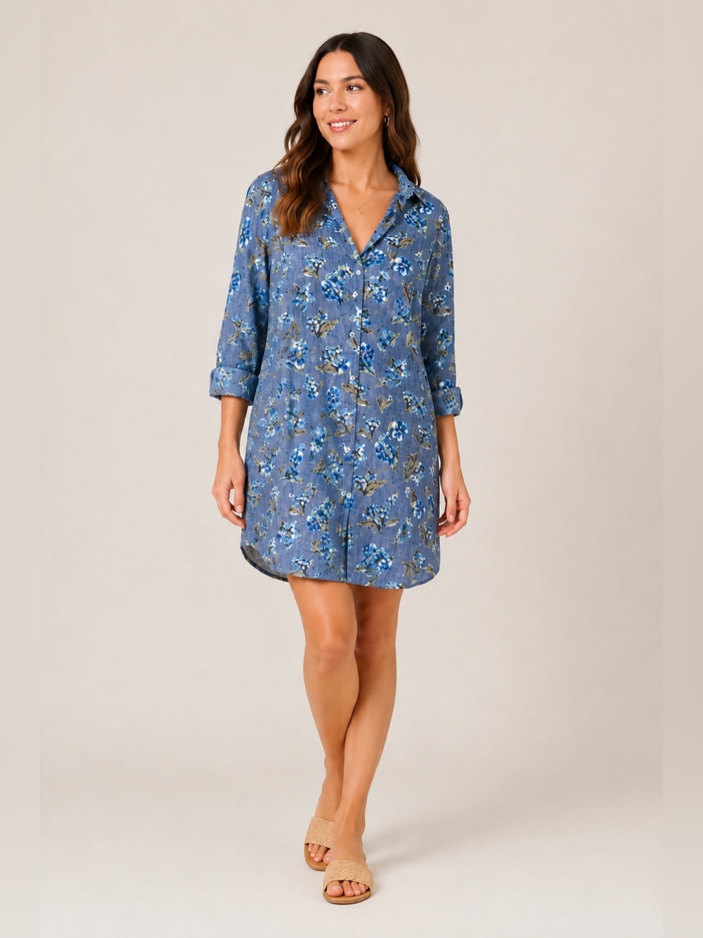 Frank & Eileen Mary Blue Floral Italian Linen Shirt Dress US Large